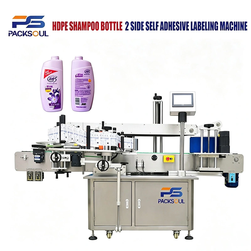Mesin Pelabelan Dua Sebelah Botol Syampu HDPE